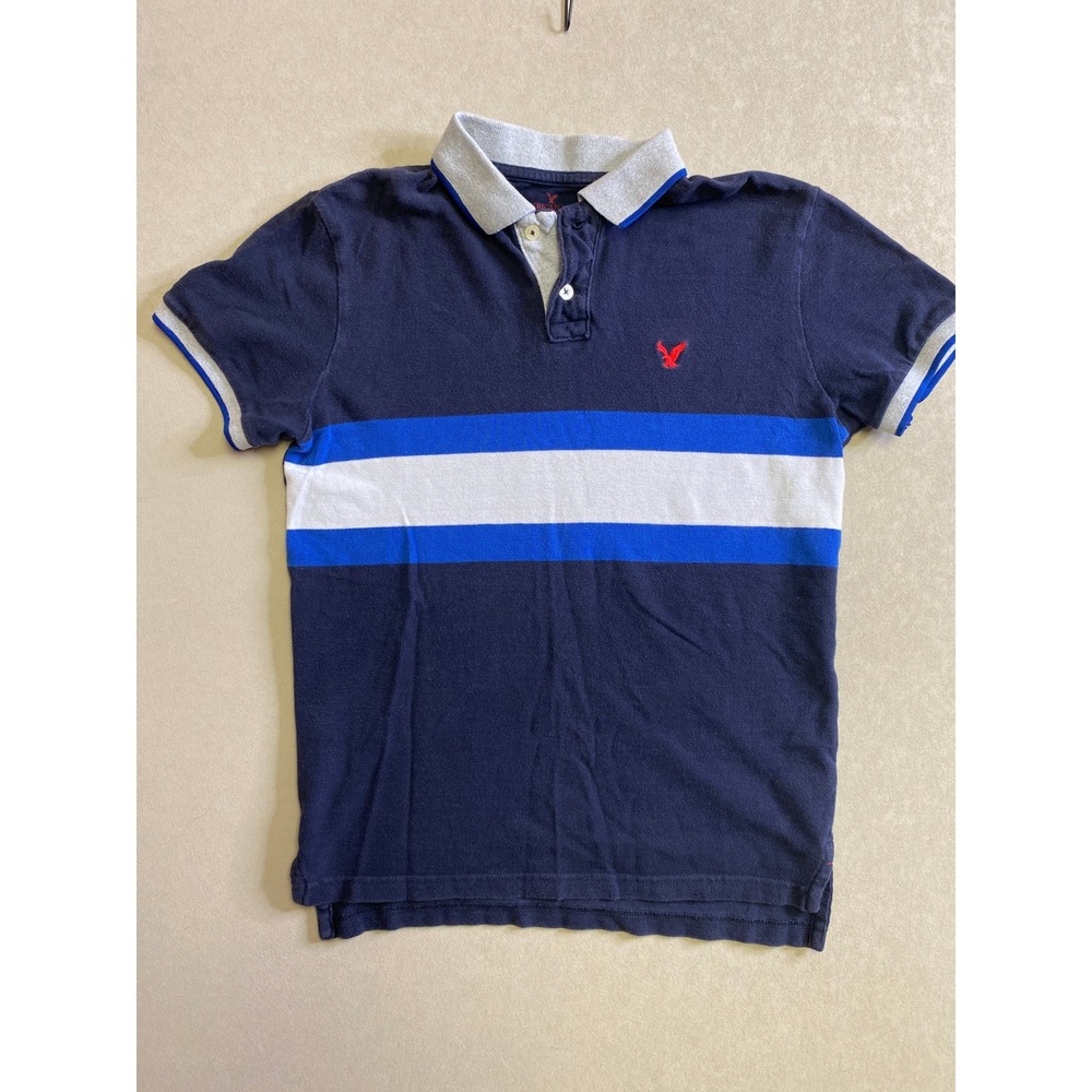 American Eagle Mens Classic Fit Polo Shirt Navy Blue Colorblock Striped Size M